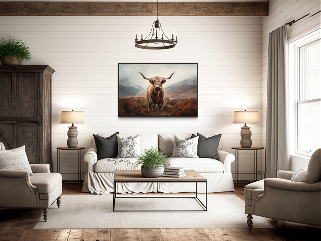 Farmhouse Wall Decor - Muted Colors Highland Cow Framed Canvas Wall Art