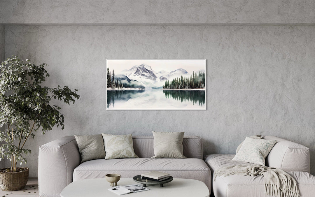 Muted Mountain Lake And Pine Tree Forest Landscape Framed Canvas Wall Art