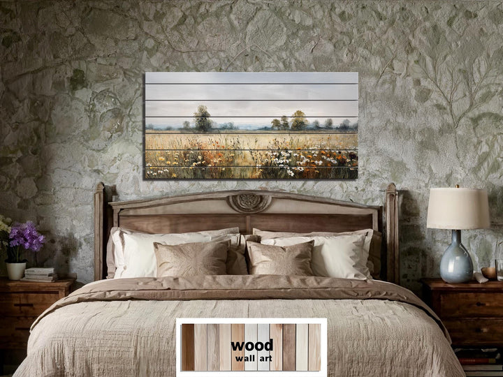 Muted Rustic Wildflower Meadow Distressed Wood Wall Art