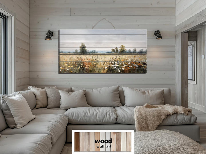 Muted Rustic Wildflower Meadow Distressed Wood Wall Art