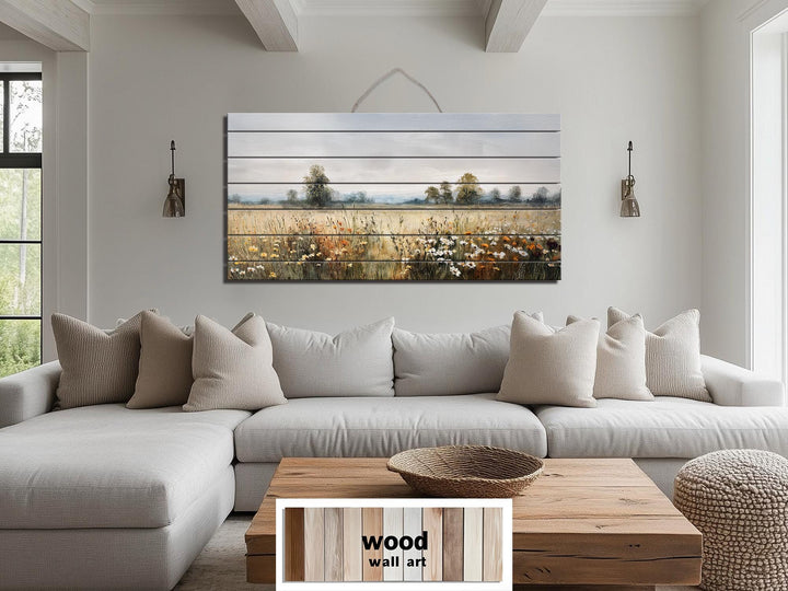 Muted Rustic Wildflower Meadow Distressed Wood Wall Art