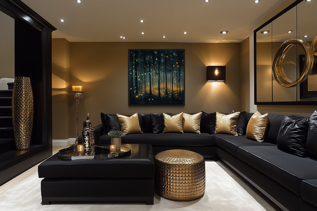 Mystical Forest With Fireflies And Golden Lights Framed Canvas Wall Art