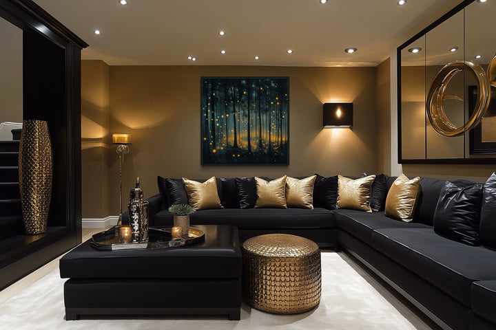 Mystical Forest With Fireflies And Golden Lights Framed Canvas Wall Art
