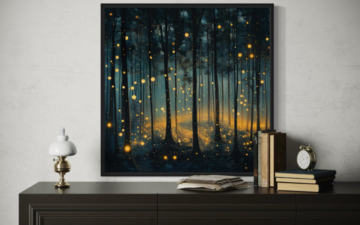 Mystical Forest With Fireflies And Golden Lights Framed Canvas Wall Art