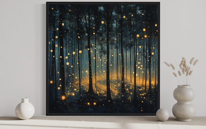 Mystical Forest With Fireflies And Golden Lights Framed Canvas Wall Art