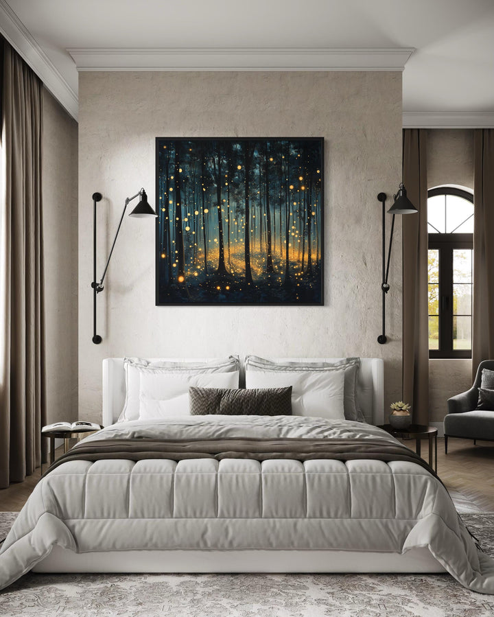 Mystical Forest With Fireflies And Golden Lights Framed Canvas Wall Art