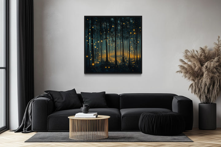 Mystical Forest With Fireflies And Golden Lights Framed Canvas Wall Art