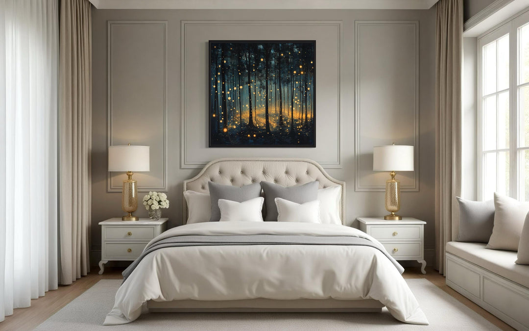 Mystical Forest With Fireflies And Golden Lights Framed Canvas Wall Art