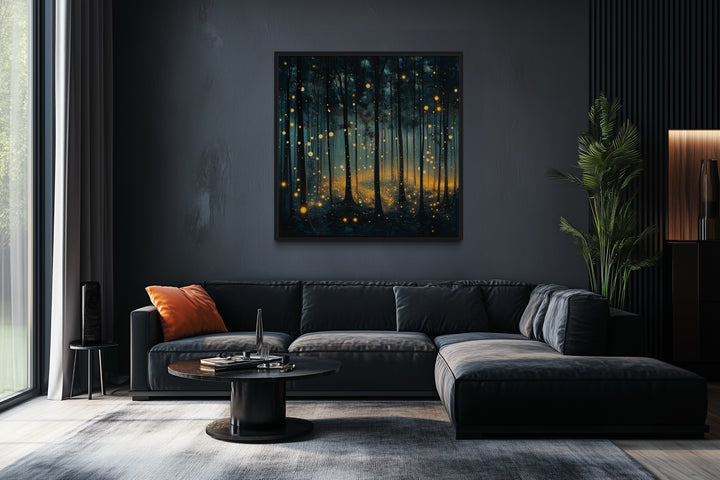 Mystical Forest With Fireflies And Golden Lights Framed Canvas Wall Art