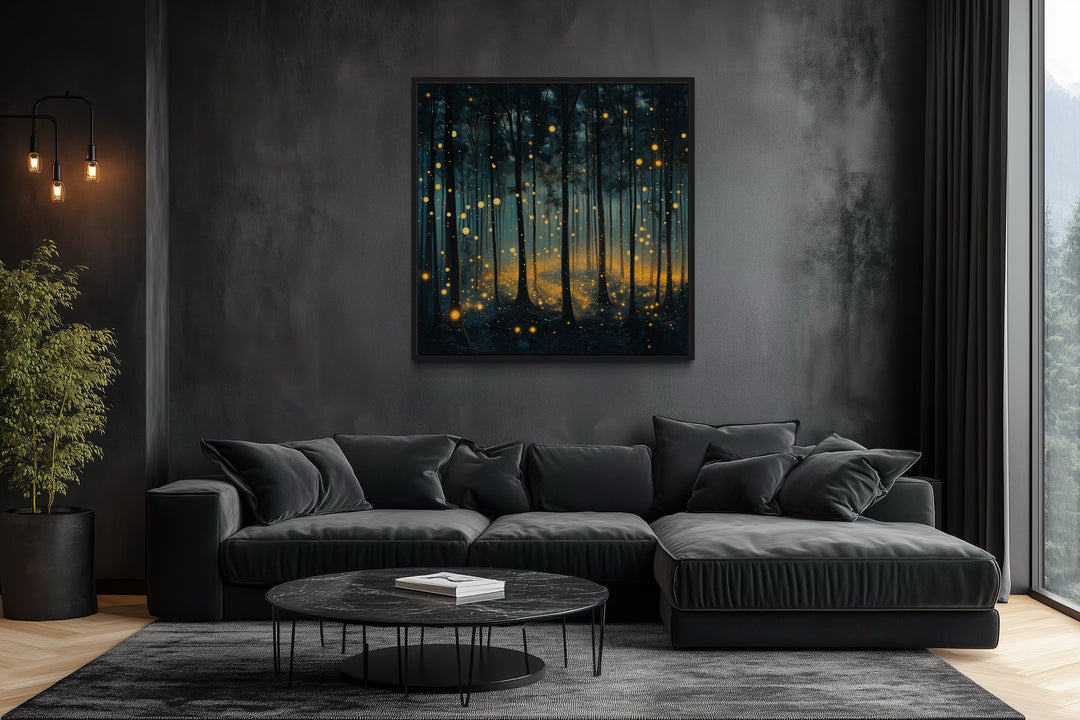 Mystical Forest With Fireflies And Golden Lights Framed Canvas Wall Art
