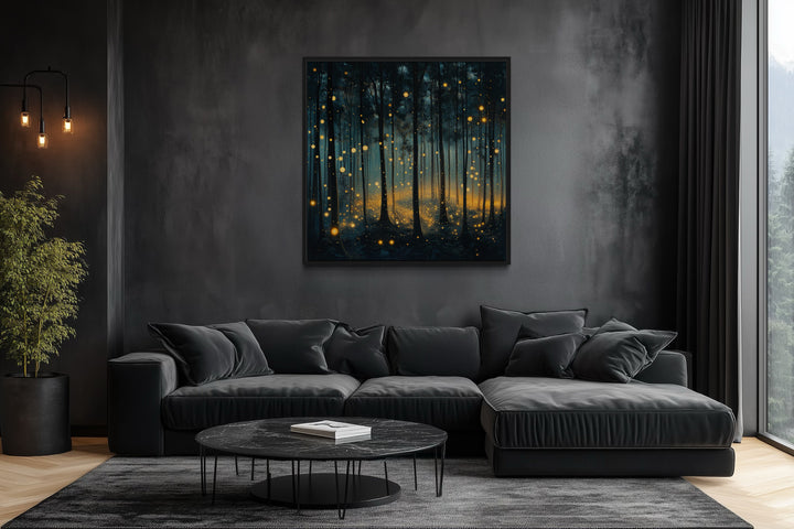 Mystical Forest With Fireflies And Golden Lights Framed Canvas Wall Art