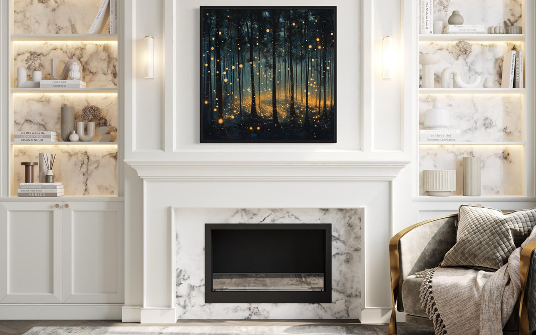 Mystical Forest With Fireflies And Golden Lights Framed Canvas Wall Art