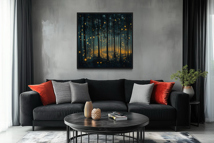 Mystical Forest With Fireflies And Golden Lights Framed Canvas Wall Art