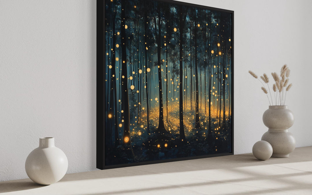 Mystical Forest With Fireflies And Golden Lights Framed Canvas Wall Art