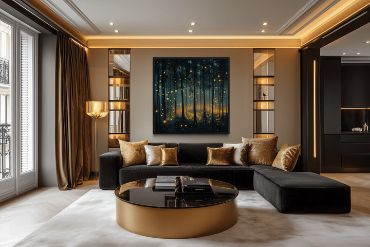 Mystical Forest With Fireflies And Golden Lights Framed Canvas Wall Art