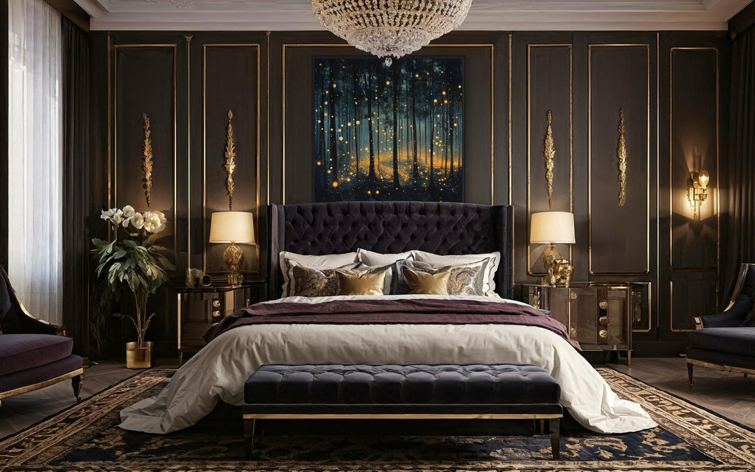 Mystical Forest With Fireflies And Golden Lights Framed Canvas Wall Art