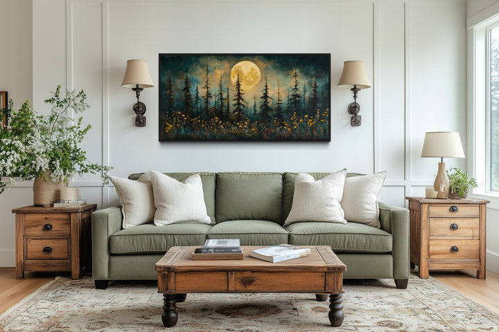 Mystical Moonlit Forest And Wildflowers Rustic Framed Canvas Wall Art