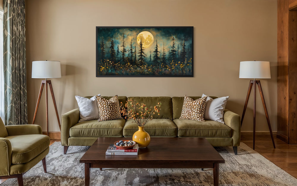 Mystical Moonlit Forest And Wildflowers Rustic Framed Canvas Wall Art