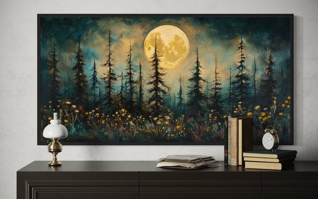 Mystical Moonlit Forest And Wildflowers Rustic Framed Canvas Wall Art