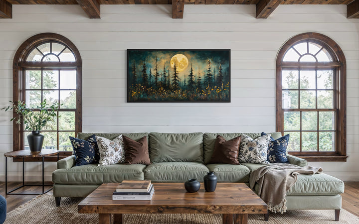 Mystical Moonlit Forest And Wildflowers Rustic Framed Canvas Wall Art