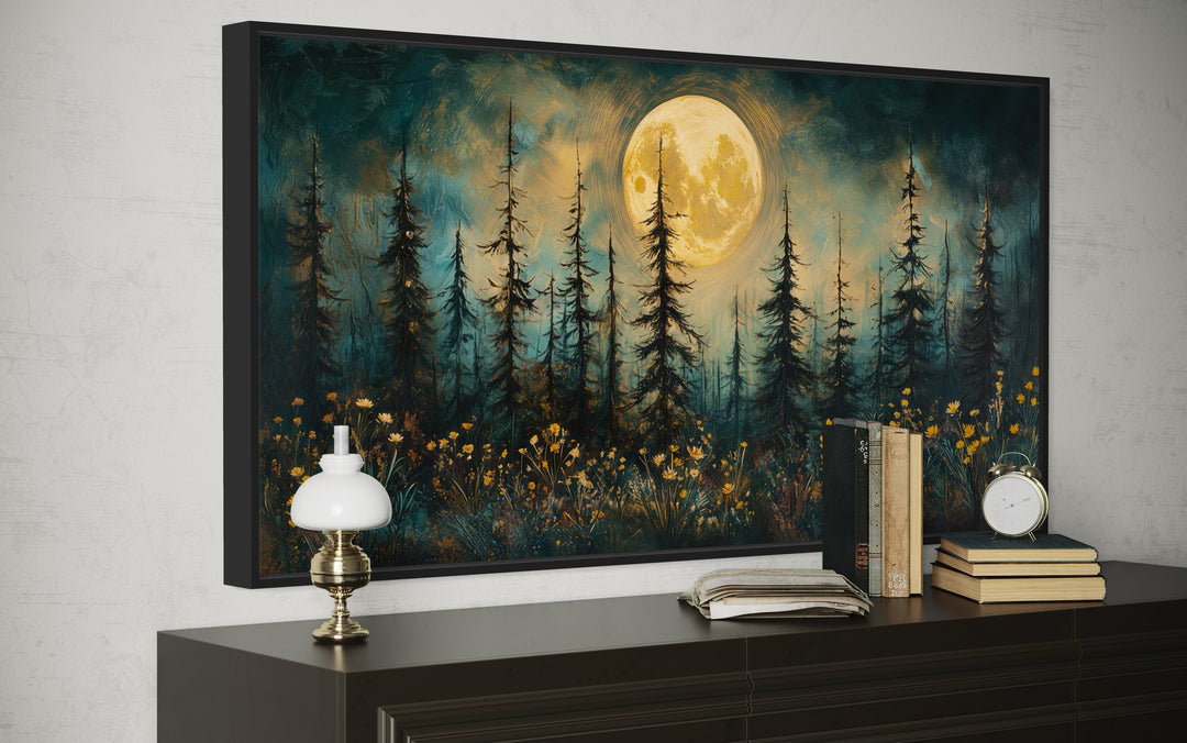 Mystical Moonlit Forest And Wildflowers Rustic Framed Canvas Wall Art