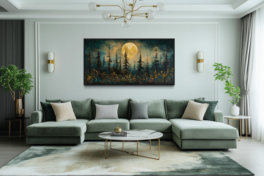 Mystical Moonlit Forest And Wildflowers Rustic Framed Canvas Wall Art