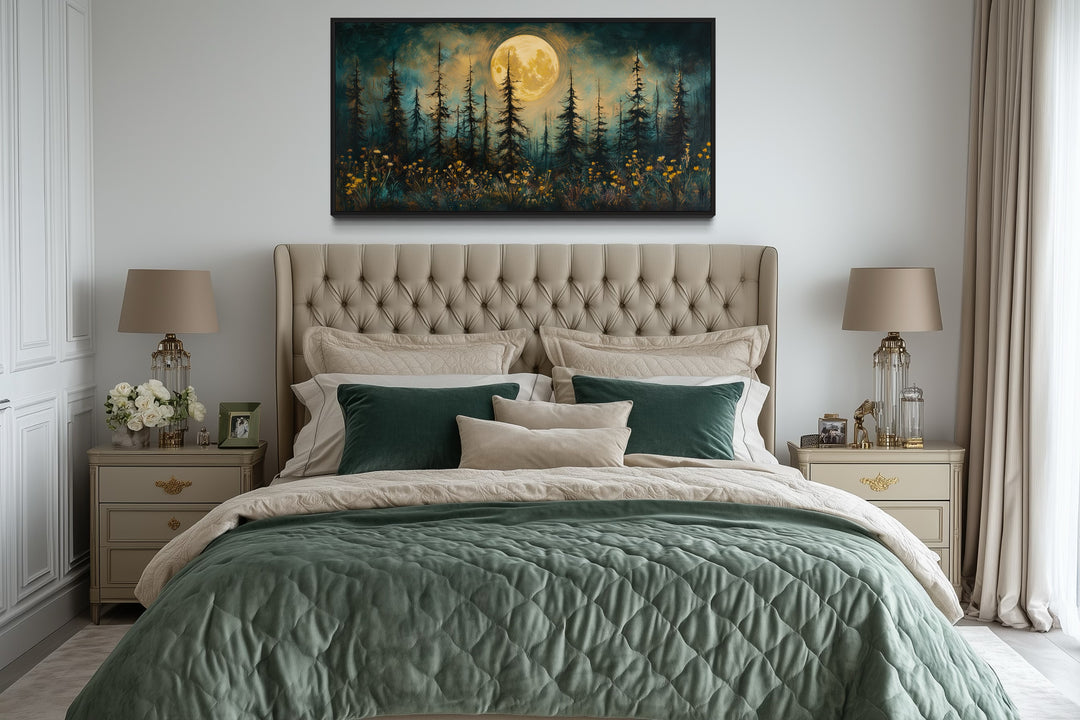 Mystical Moonlit Forest And Wildflowers Rustic Framed Canvas Wall Art