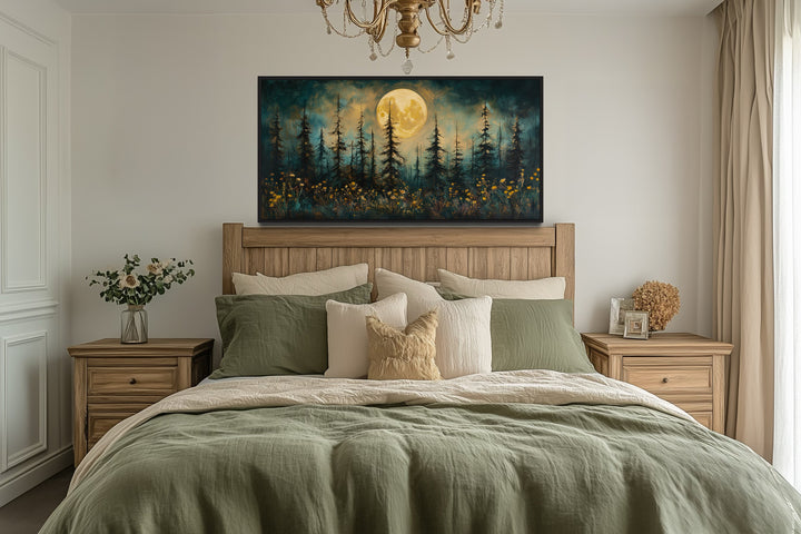 Mystical Moonlit Forest And Wildflowers Rustic Framed Canvas Wall Art