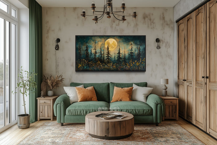 Mystical Moonlit Forest And Wildflowers Rustic Framed Canvas Wall Art