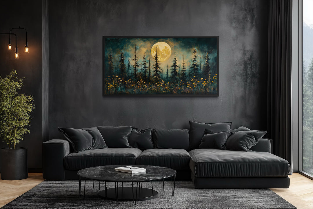 Mystical Moonlit Forest And Wildflowers Rustic Framed Canvas Wall Art