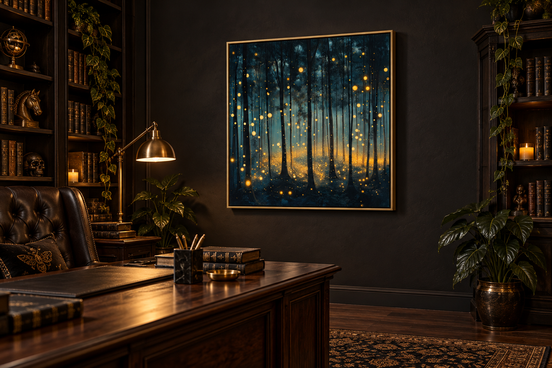 Mystical forest framed canvas wall art with golden fireflies hanging in a dark, classic home office.