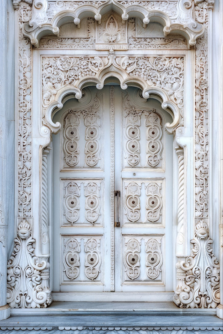 Intricately carved white and grey Indian door framed canvas wall art with traditional motifs.