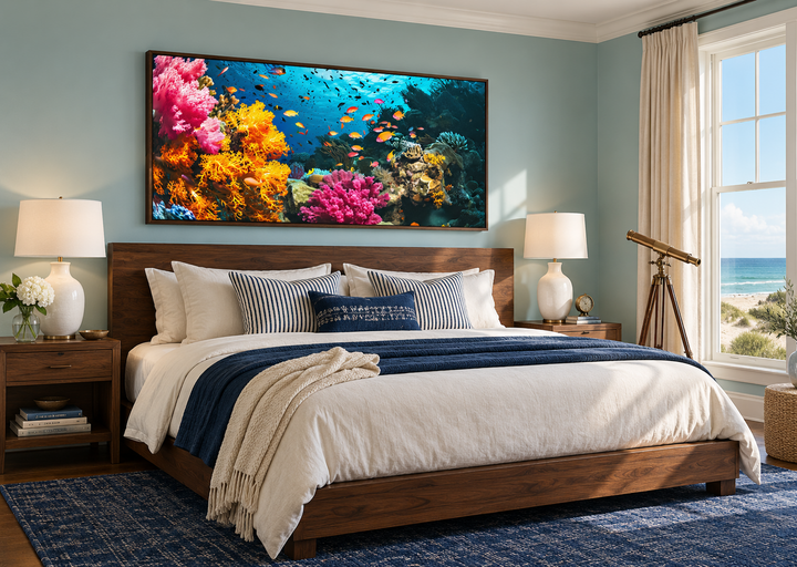 Underwater coral reef and fish photography style wall art framed above a bed in a coastal bedroom.