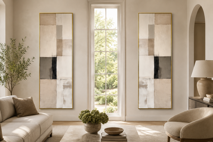 Set of two tall, narrow abstract canvas prints with neutral geometric blocks in a modern room.
