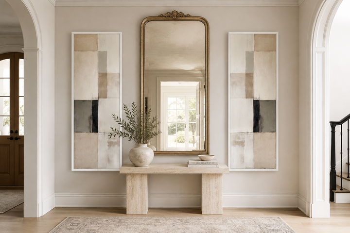 Narrow geometric neutral abstract set of 2 canvas wall art flanking a gold mirror in an entryway.