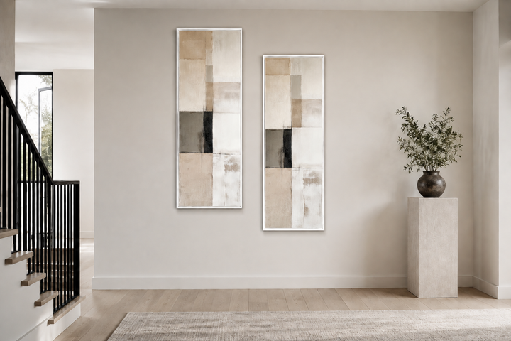 Set of two tall, narrow canvas prints with neutral geometric abstract designs in beige and grey.