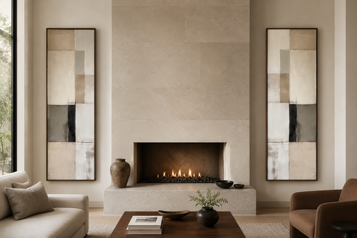 Set of two tall, narrow abstract canvas prints with neutral geometric blocks flanking a fireplace.
