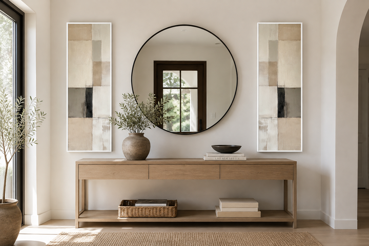 Narrow geometric neutral abstract set of 2 canvas wall art flanking a round mirror on a console.