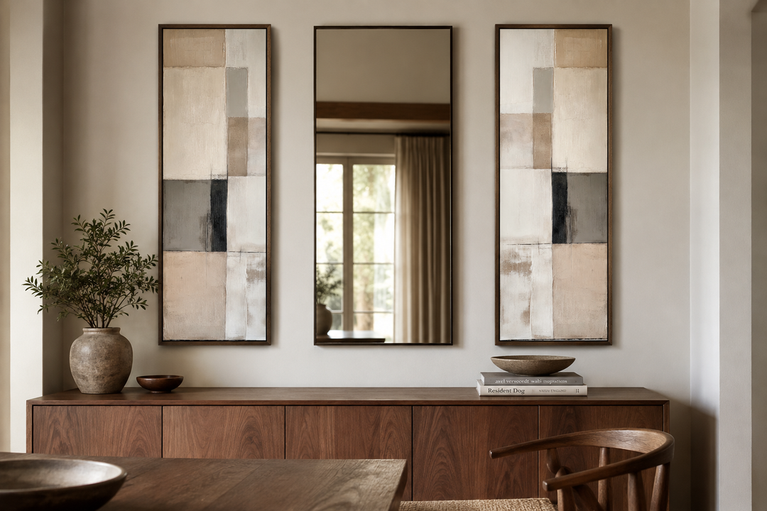 Set of two tall, narrow canvas prints with neutral geometric abstract blocks in beige and grey.