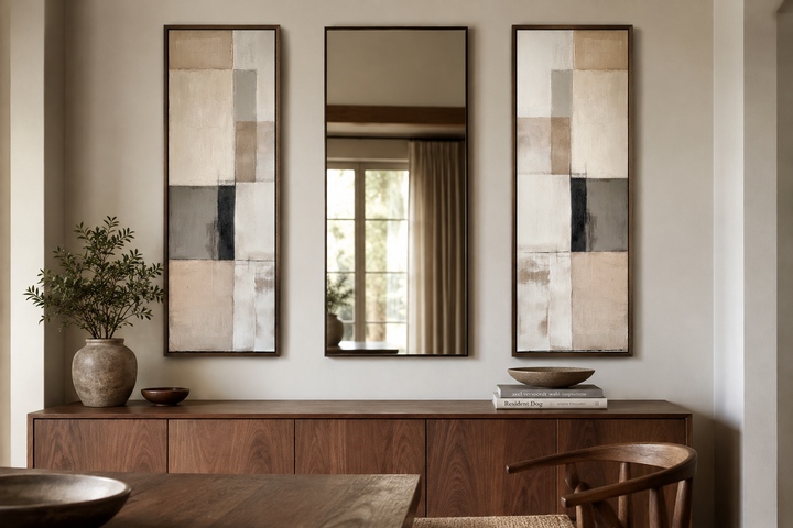 Set of two tall, narrow canvas prints with neutral geometric abstract blocks in beige and grey.