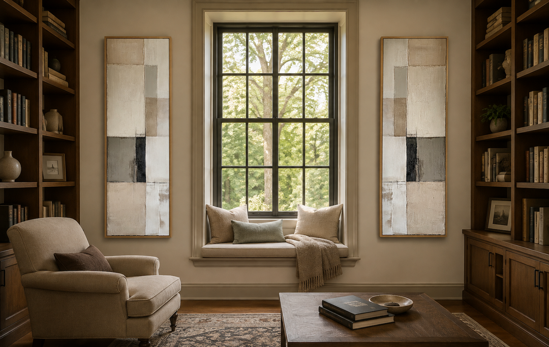 Set of two tall, narrow canvas prints with neutral geometric abstract blocks in beige and grey.