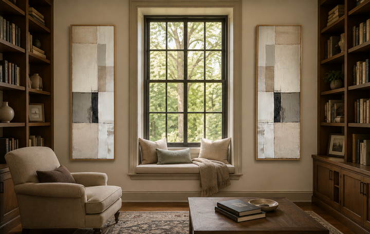 Set of two tall, narrow canvas prints with neutral geometric abstract blocks in beige and grey.