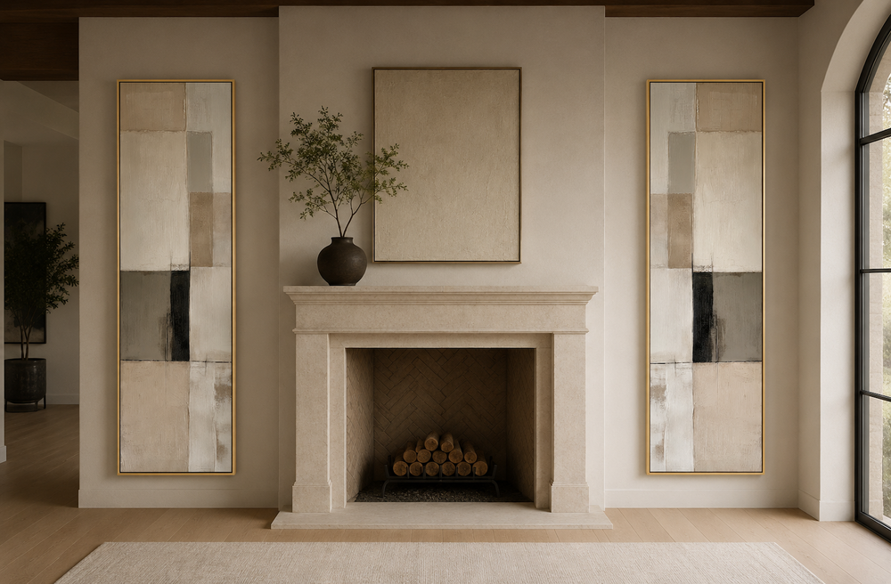 Narrow geometric neutral abstract set of 2 canvas wall art flanking a stone fireplace.