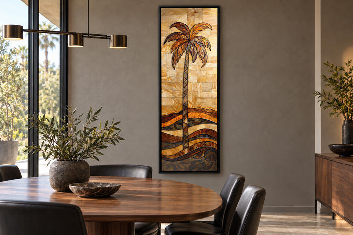 Tall narrow vertical framed canvas wall art featuring a palm tree in a woodgrain-inspired design.