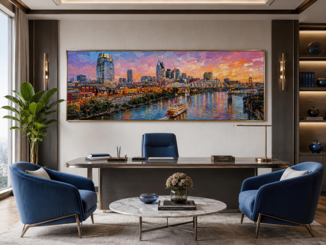 Nashville Skyline de la ville | Impression sur toile horizontale longue - Art urbain au coucher du soleil