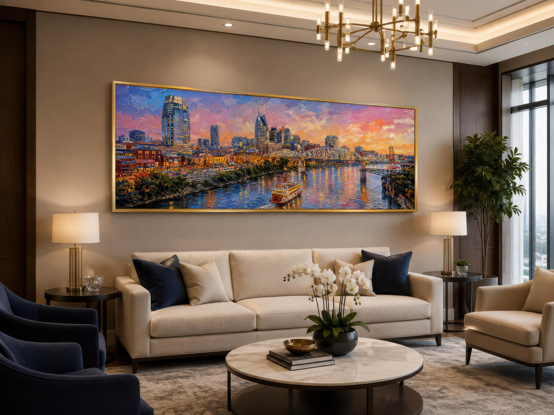 Nashville Skyline de la ville | Impression sur toile horizontale longue - Art urbain au coucher du soleil