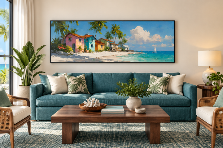 Nassau Bahamas beach long horizontal wall art featuring colorful houses and a tropical ocean scene.