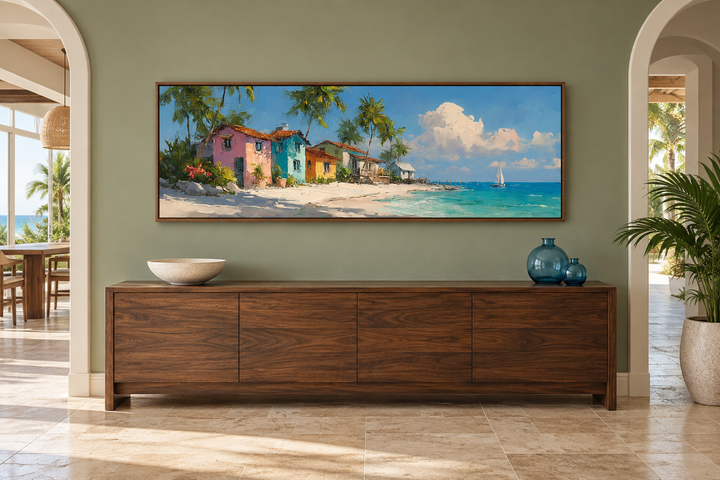 Nassau Bahamas Beach long horizontal wall art featuring colorful houses and a tropical coastline.