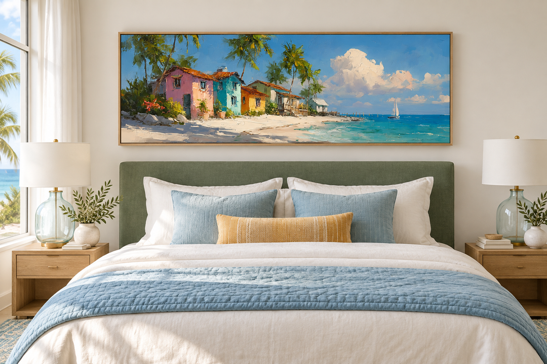 Nassau Bahamas beach long horizontal wall art above a bed with colorful houses and ocean scenery.