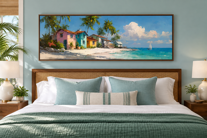 Nassau Bahamas beach long horizontal wall art above a bed with colorful houses and ocean scenery.